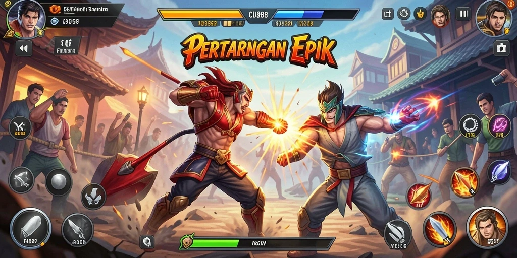 Screenshot CU888 menampilkan aksi pertarungan yang intens dan karakter-karakter yang menarik.