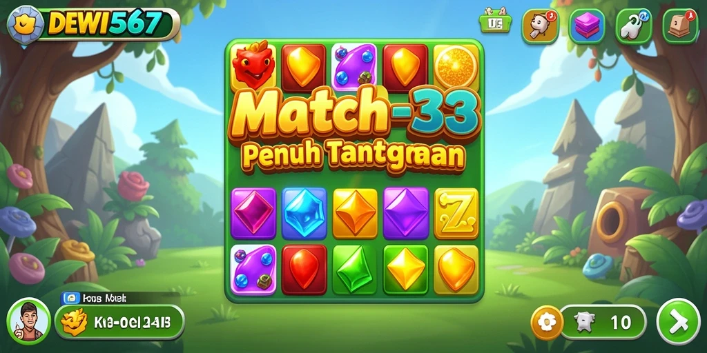 Tampilan gameplay DEWI567 yang penuh warna dan tantangan Match-3.