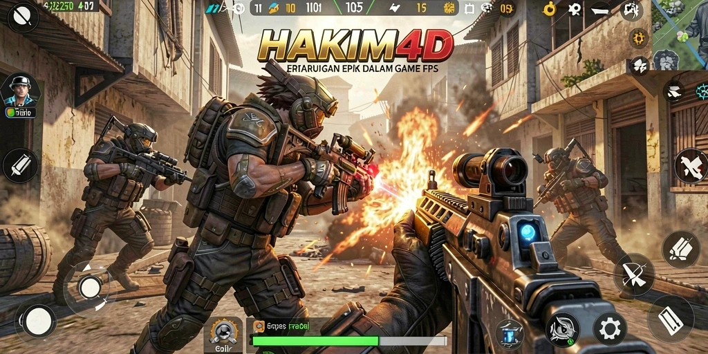 Screenshot menarik dari gameplay HAKIM4D yang menampilkan pertarungan FPS yang intens.