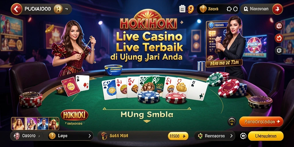 Screenshot permainan HOKIHOKI dengan dealer langsung dan interaksi pengguna.