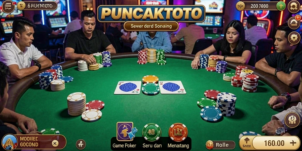 Tampilan gameplay PUNCAKTOTO yang mendebarkan dalam permainan poker.