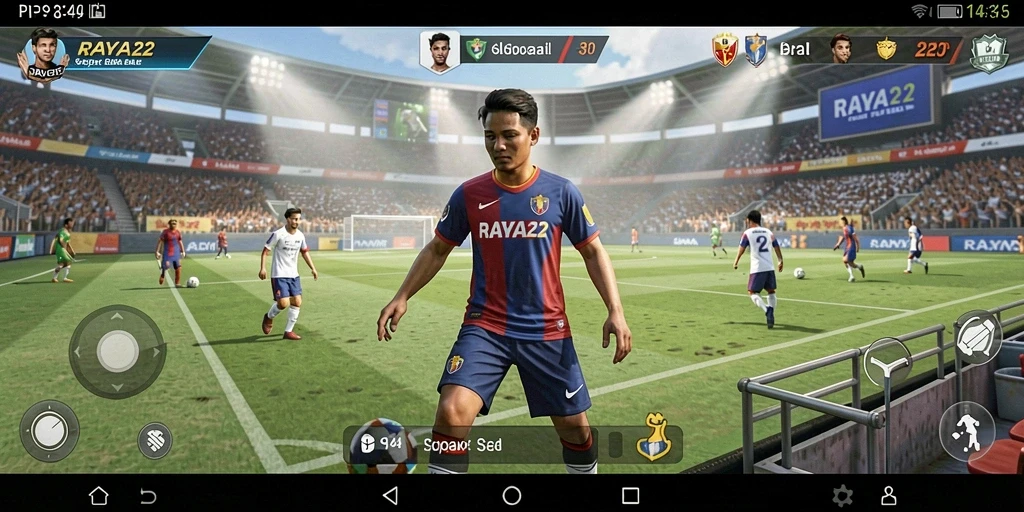 Screenshot RAYA22 menampilkan gameplay sepak bola yang mendebarkan.