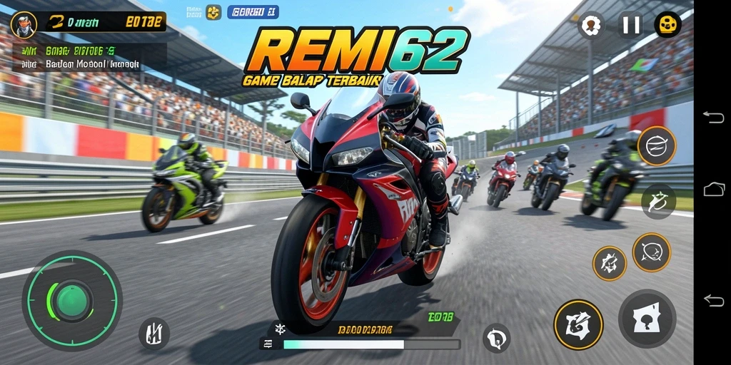 Gameplay seru REMI62 dengan berbagai motor balap.