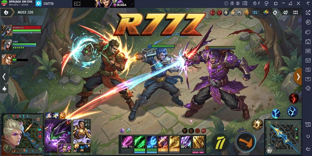 Screenshot gameplay aksi seru RR777 di arena MOBA.